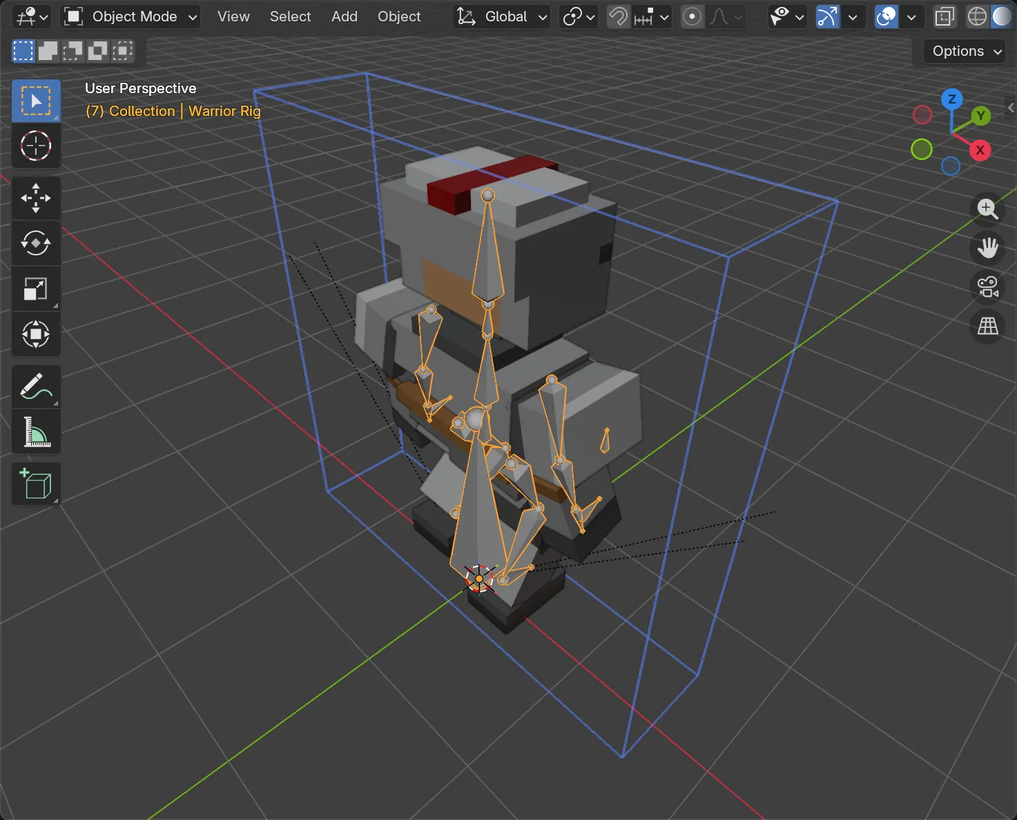 The warrior mid-walk, in Rigid Parts output