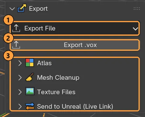The Export section: Export File ① and Export .vox ②