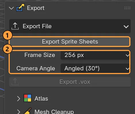 Export for a rigged character: sprite sheets and their settings