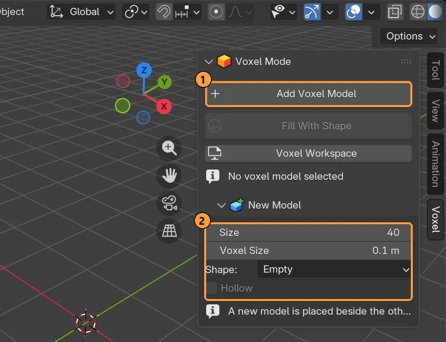 The Voxel tab in Object Mode: Add Voxel Model and the New Model settings