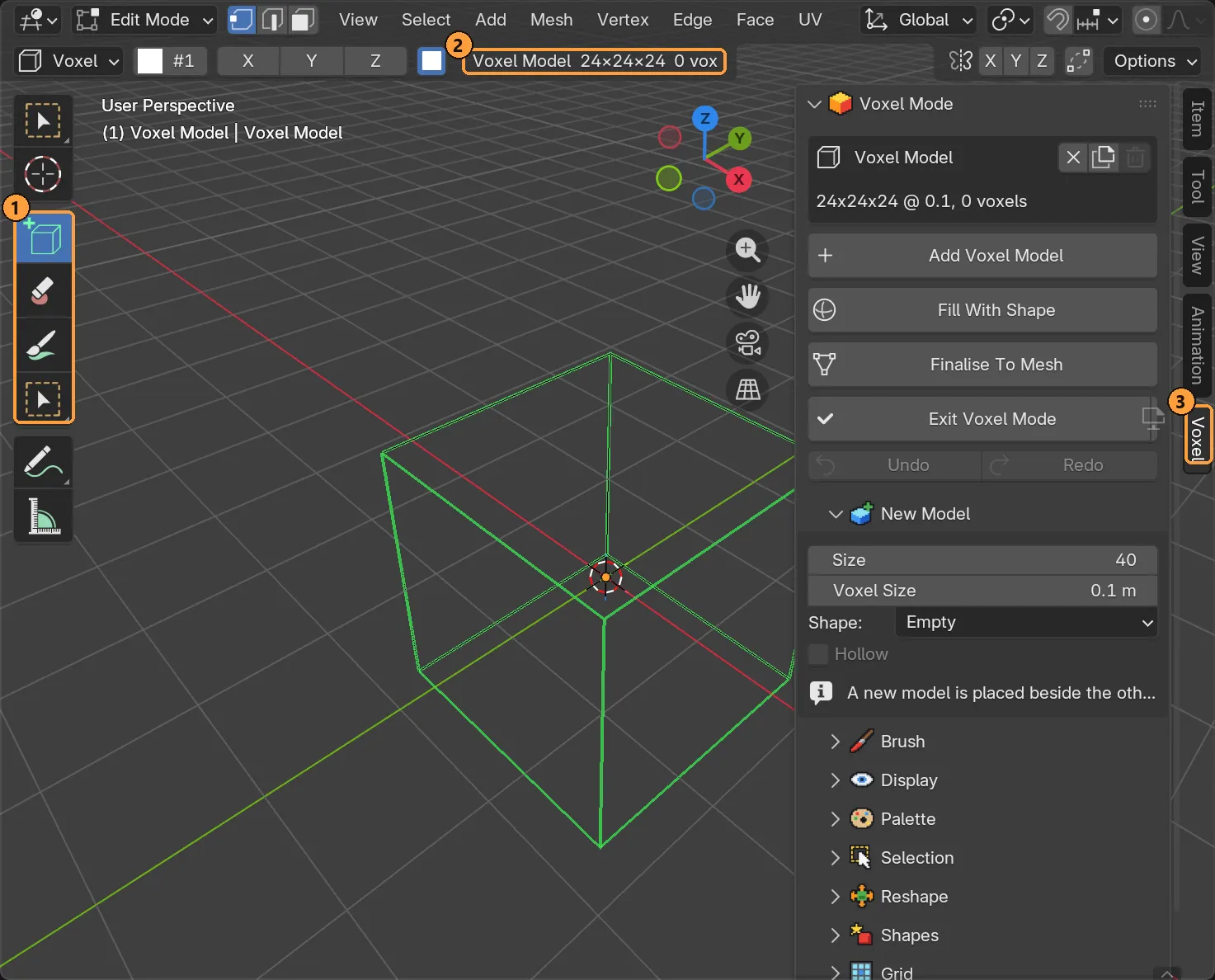A new, empty voxel model in Edit Mode