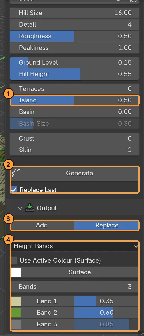Terrain’s settings, Generate, and the Output panel