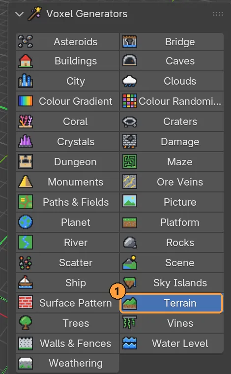The Voxel Generators shelf with Terrain picked