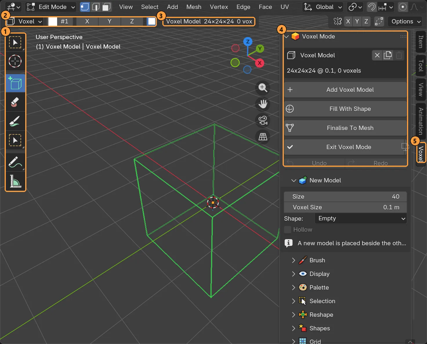 The Blender window while editing a voxel model