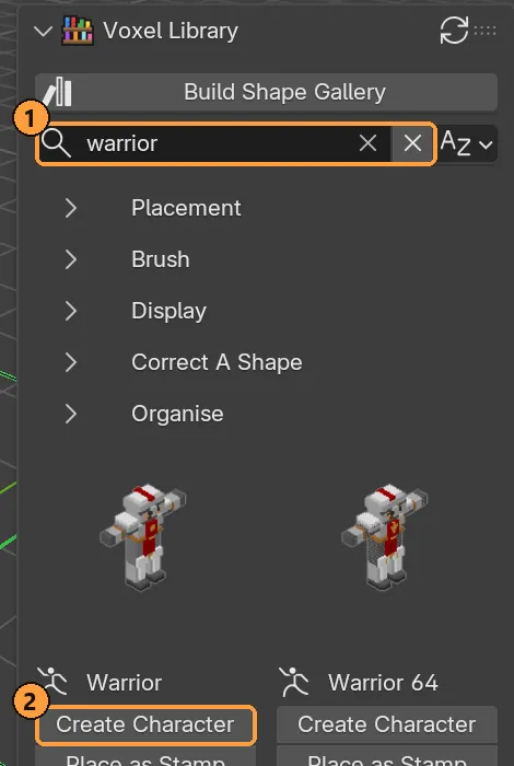 Searching for “warrior”: character tiles have Create Character