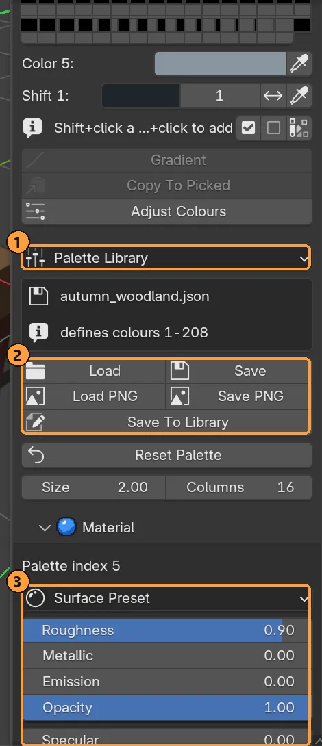 Palette Library ①, the palette files ②, and the Material panel ③