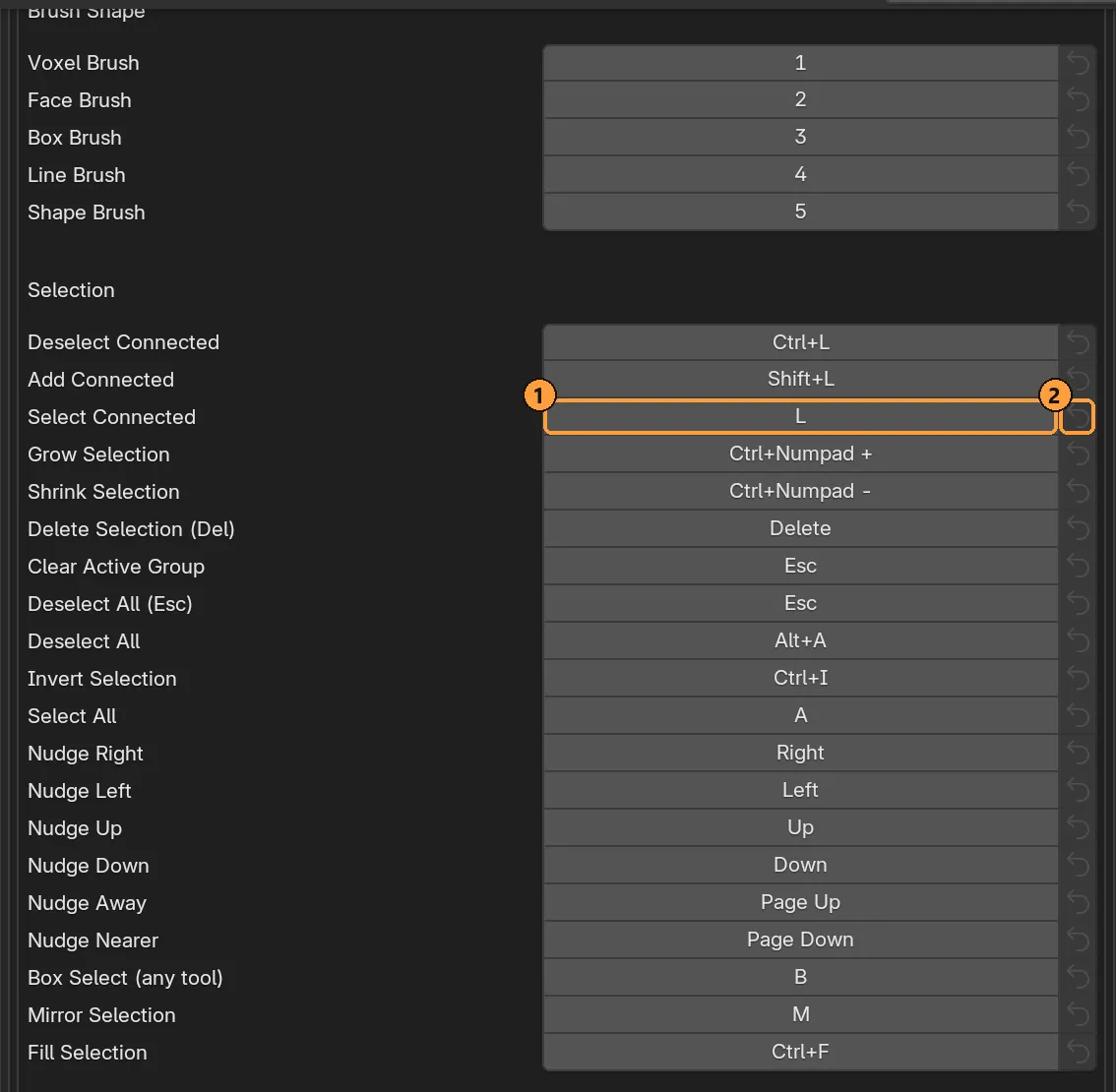 Keyboard Shortcuts in the Voxel Mode preferences