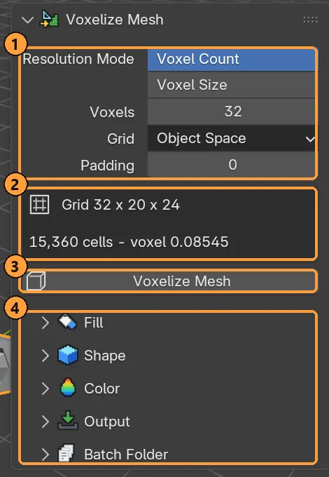 The Voxelize Mesh section with Suzanne selected