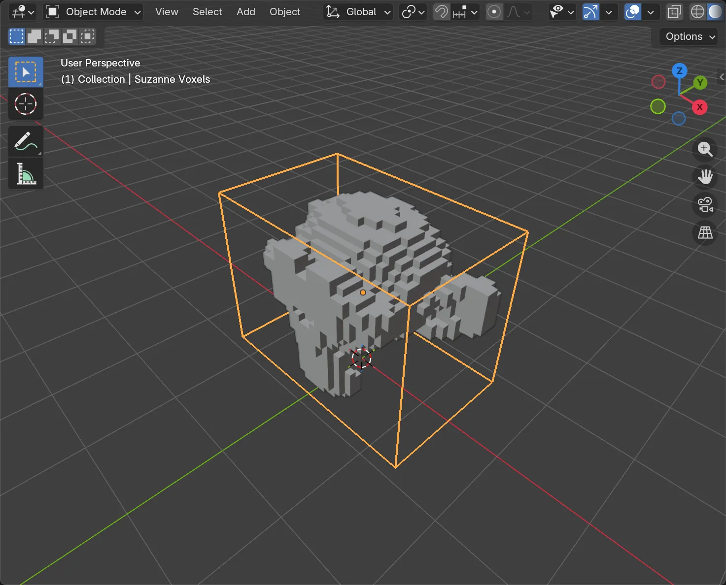 Suzanne as a voxel model. The original mesh is hidden, because Hide Source is on